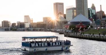 Pictured: A water taxi in the Patapsco River in Baltimore Maryland.