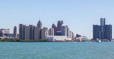 Pictured: A cityscape of downtown Detroit Michigan.