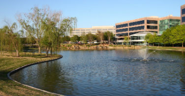 Pictured: A lake in front of office buildings in Plano Texas.